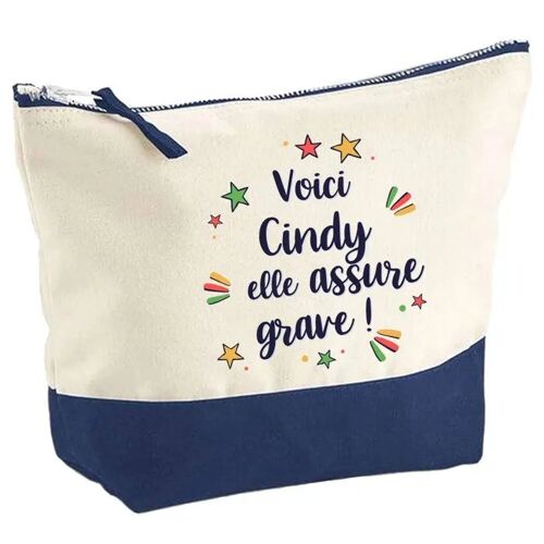 Pochette fond bleu Cindy elle assure grave - Cadeau Original - Anniversaire - Personnalisé Trousse Maquillage Grand Format
