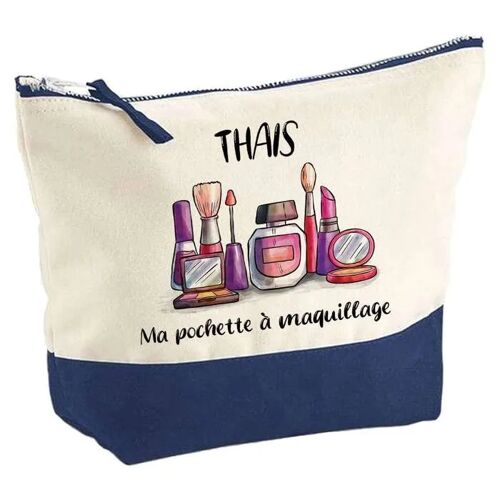 Pochette fond bleu Maquillage Thaïs - Cadeau Original - Anniversaire - Personnalisé Trousse Maquillage Grand Format