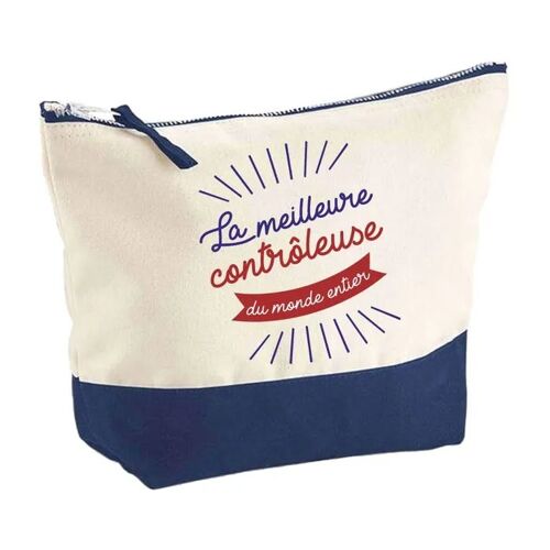 Pochette fond bleu Meilleure contrôleuse du monde - Cadeau Original - Anniversaire Trousse Maquillage Grand Format