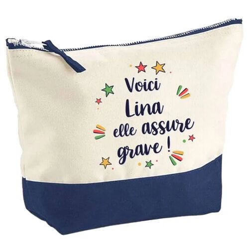 Pochette fond bleu Lina elle assure grave - Cadeau Original - Anniversaire - Personnalisé Trousse Maquillage Grand Format