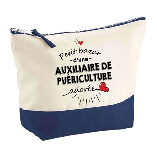 Pochette fond bleu Bazar d'une Auxiliaire De Puériculture Adorée d'Amour - Cadeau Original Trousse Maquillage Grand Format