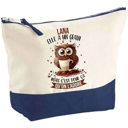 Pochette fond bleu Lana Chouette Grain - Cadeau Original - Anniversaire - Personnalisé Trousse Maquillage Grand Format