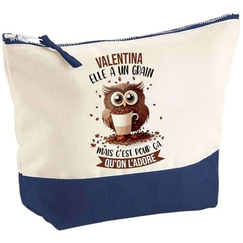 Pochette fond bleu Valentina Chouette Grain - Cadeau Original - Anniversaire Trousse Maquillage Grand Format