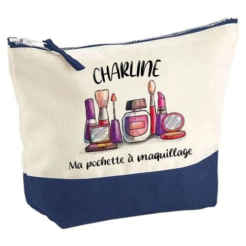 Pochette fond bleu Maquillage Charline - Cadeau Original - Anniversaire - Personnalisé Trousse Maquillage Grand Format