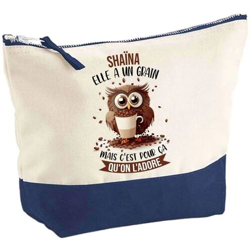 Pochette fond bleu Shaïna Chouette Grain - Cadeau Original - Anniversaire - Personnalisé Trousse Maquillage Grand Format