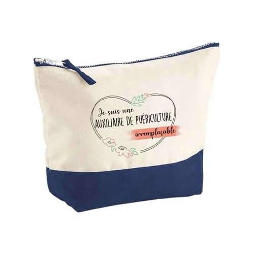 Pochette fond bleu Auxiliaire De Puériculture Irremplaçable - Cadeau Original Trousse Maquillage Grand Format