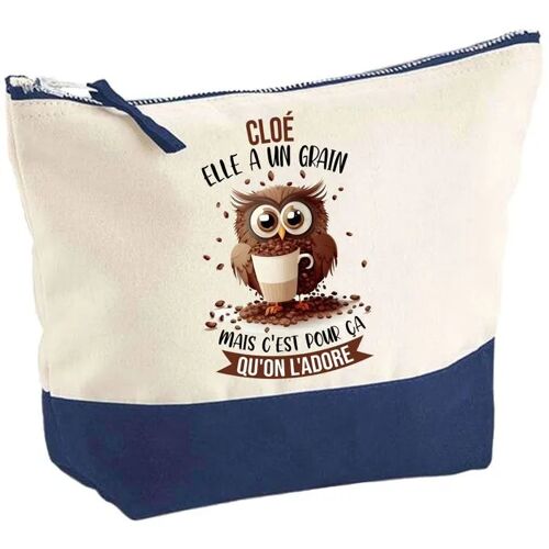 Pochette fond bleu Cloé Chouette Grain - Cadeau Original - Anniversaire - Personnalisé Trousse Maquillage Grand Format