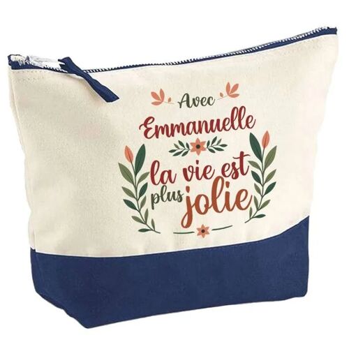 Pochette fond bleu Emmanuelle la vie est plus jolie - Cadeau Original - Anniversaire Trousse Maquillage Grand Format