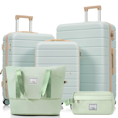 Set de Valise 5 Pièces | M-L-XL Set | Ultra-Résistant  | Serrure TSA | ABS avec roulettes Pivotantes 360° | Cadenas Integré | Gris-vert  | Avec trousse de toilette