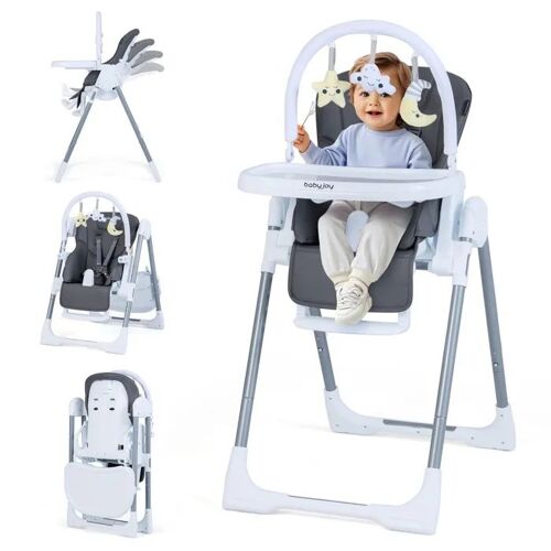 Chaise Haute Bébé Pliante Costway-Inclinaison,Hauteur,Dossier,Plateau Réglables-Barre De Jouets-2 Roulettes-Sans Bpa-Gris Foncé