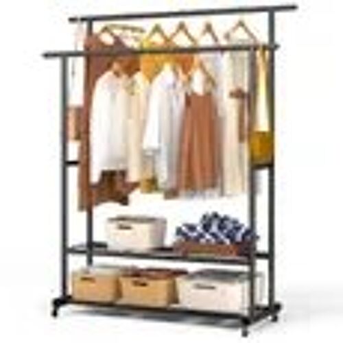 VOUNOT® Portant à Vêtements Double Tringle avec Roulettes et 2 Étagères de Rangement - 120x40x146cm - Noir