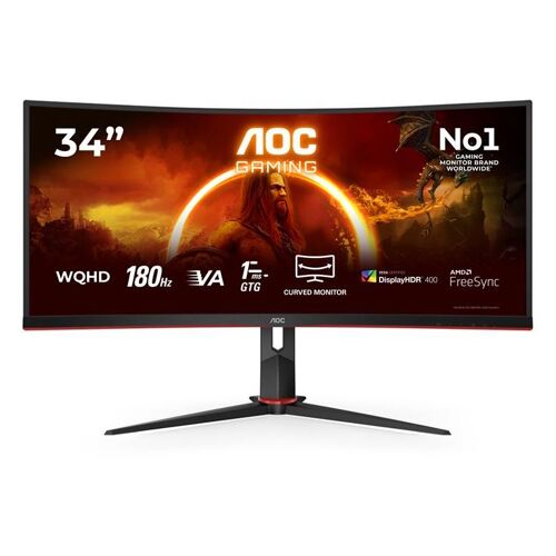 AOC Gaming CU34G2XP/BK - Écran LED - jeux - incurvé - 34" - 3440 x 1440 WQHD @ 180 Hz - VA - 4000:1 - DisplayHDR 400 - 1 ms - 2xHDMI, 2xDisplayPort - noir