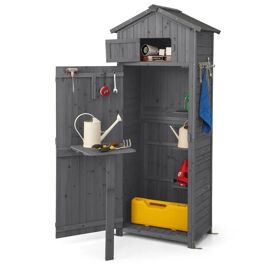 Abri De Jardin En Bois De Sapin 180,5 Cm Costway-3 Etagères Amovibles-Table Pliable-Toit En Asphalte Imperméable-8 Crochets-Gris