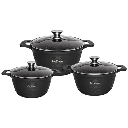 Set De 3 Marmites 20-24-28cm Aluminium Effet Marbre Avec Couvercles En Verre Cheffinger Noir