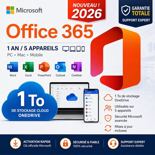 Microsoft Office 365 + 1 To Cloud Onedrive - 1 An / 5 Appareils (Pc/Mac/Mobile) - Garantie Totale &amp; Support Expert