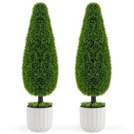 COSTWAY Lot de 2 Arbres Arbustes de Cèdre Artificiel 90 cm en Forme de Larme, avec Ciment Fausses Vignes, pour Maison Porche