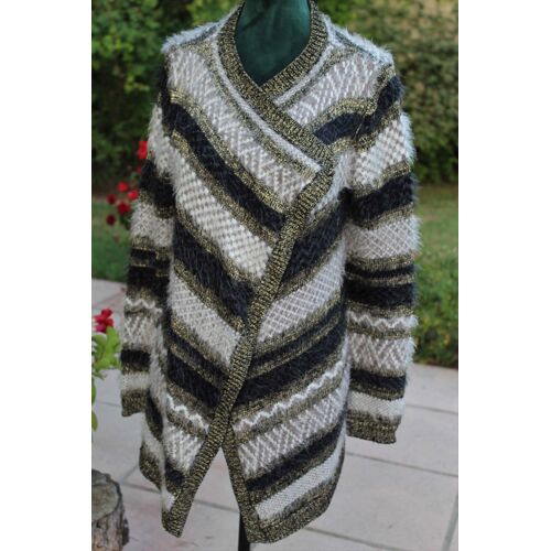 Très Élègant Gilet/Veste Naf Naf En Maille Poilue Rayèe Noire/Grise /Dorèe.Taille Étiquetèe:S Mais Ample 40/42.