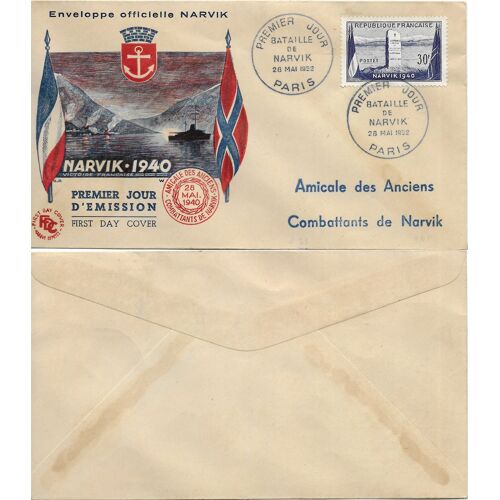 France 1952, Très Belle Enveloppe 1er Jour, Timbre Yvert 922, Commémoration De La Bataille De Narvik - Norvège En Mai Et Juin 1940, Belle Illustration Couleur, Cachet De Paris, Cote 30 Euros.