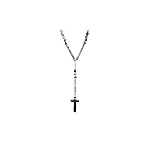 Collier Acier Chapelet Boules Diamètre Et Croix 27mm X 15mm Pvd Noir Sans Fermoir 70cm