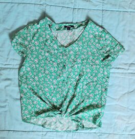 Top Vert Fleuri Chemisier À Nouer Kiabi Femme Xs Décontracté Bohême Retro Vintage Femme Top Mode