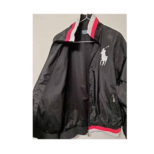 Blouson Printemps Ralph Lauren Polo Noir Cote Rayures Rouges Blanches Sport Wear Xl Veste Nylon Plusieurs Poches Zippées Haut De Jogging Doublé
