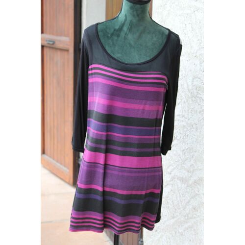 Tunique Jacqueline Riu À Rayures Violines/Fuchsia/Noires Et Verso Noir.Taille Étiquetèe:2 Viscose:95%;