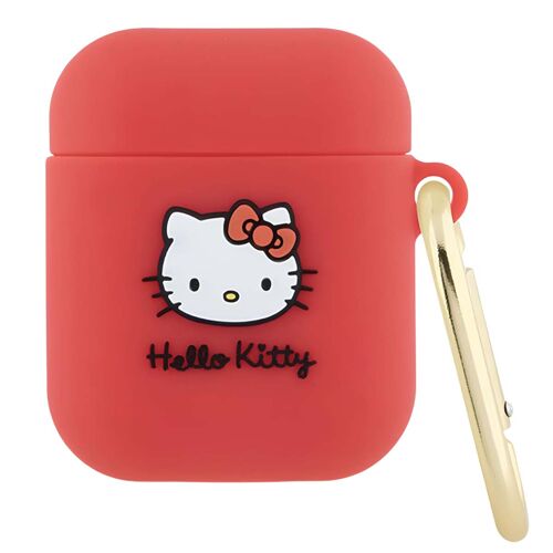 Coque pour AirPods 1 / 2 en Silicone Motif 3D avec Mousqueton Métallique HELLO KITTY Fuchsia