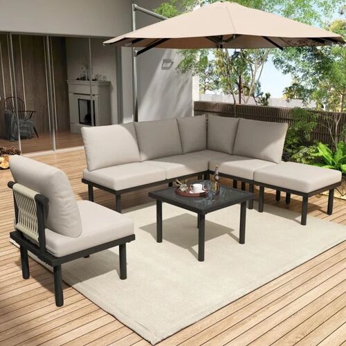 Chaise Longue - Muvoe - Lot De 6 - Fer Galvanisé - Corde Tressée Beige - Résistante Aux Intempéries