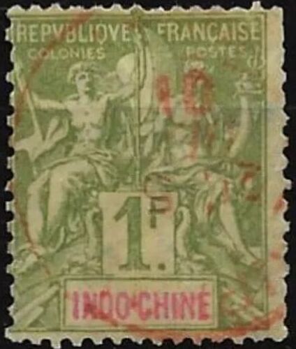 Indochine (Actuel Vietnam), Colonie Française 1892, Beau Timbre Classique Yvert 15, Type Sage "Colonies" 1f. Vert Olive, Oblitéré, Bon État, Dentelure Moyenne, Cote 40 Euros - Petit Prix.
