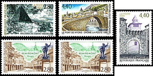 France 1995, Sites Remarquables, Très Beaux Timbres Neufs** Luxe Yvert 2954 Malterie De Stenay, 2956 Pont De Nyons, 2957 Corrèze, 2955 Remiremont, 2970 Barbizon.
