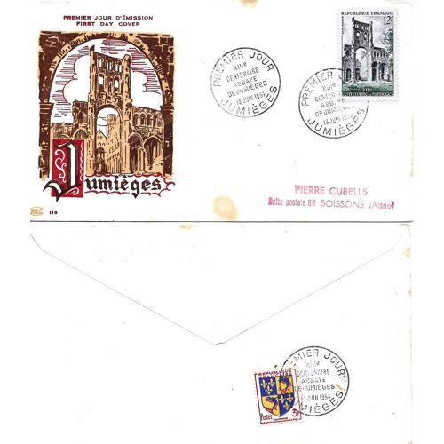 France 1954, Belle Enveloppe 1er Jour, Timbre Yvert 985, Abbaye De Jumièges - Cachets De Jumiège, Belle Illustration Couleur, Au Verso, Timbre Blason Du Dauphiné, Be.
