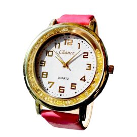 Montre Femme Grand Cadran Dorée Lunette Ornée De Strass Mobiles Bracelet Rose
