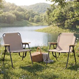 Lot De 2 Chaises De Camping Hwc-Q43, Chaises De Jardin, De Balcon Ou De Loisirs, Pliables, En Bambou, Métal Et Tissu/Textile   Crème