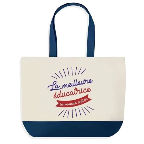 Sac shopping fond bleu Éducatrice Meilleure du Monde Fin d'année scolaire Collègue Départ Cadeau | Grand Sac Courses Cabas