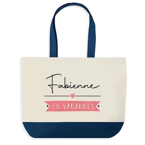 Sac shopping fond bleu Fabienne en Vacances Cadeau Anniversaire Noël | Design Graphique Grand Sac Courses Cabas