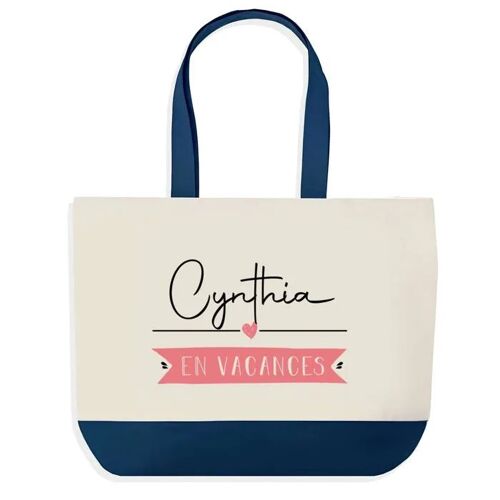 Sac shopping fond bleu Cynthia en Vacances Cadeau Anniversaire Noël | Design Graphique Grand Sac Courses Cabas