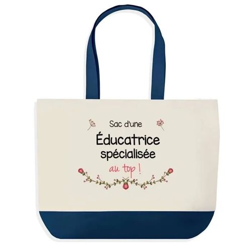 Sac shopping fond bleu Educatrice Spécialisée au Top Fin d'année scolaire Collègue Départ Cadeau | Grand Sac Courses Cabas