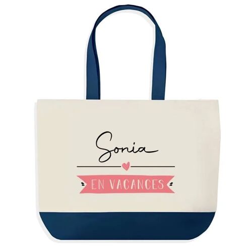 Sac shopping fond bleu Sonia en Vacances Cadeau Anniversaire Noël | Design Graphique Grand Sac Courses Cabas