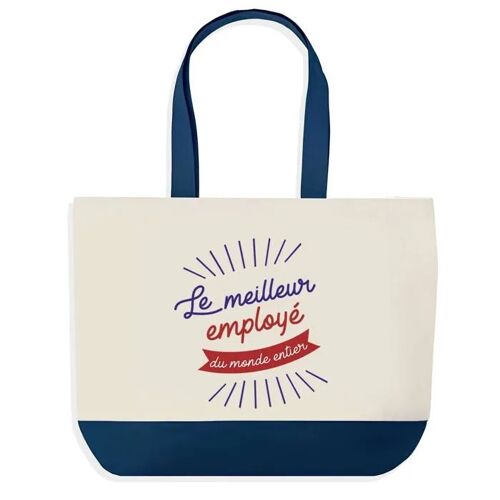 Sac shopping fond bleu Employé Meilleur du Monde Cadeau Anniversaire Noël | Design Graphique Grand Sac Courses Cabas