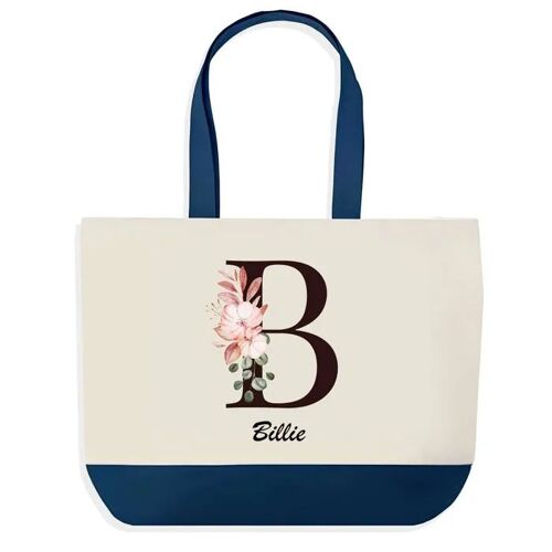 Sac shopping fond bleu Billie Lettre Fleur Cadeau Anniversaire Noël | Design Graphique Grand Sac Courses Cabas