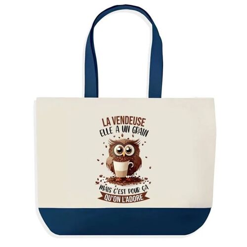 Sac shopping fond bleu Vendeuse Chouette Grain Collègue Départ Cadeau Anniversaire Noël | Design Graphique Grand Sac Courses Cabas