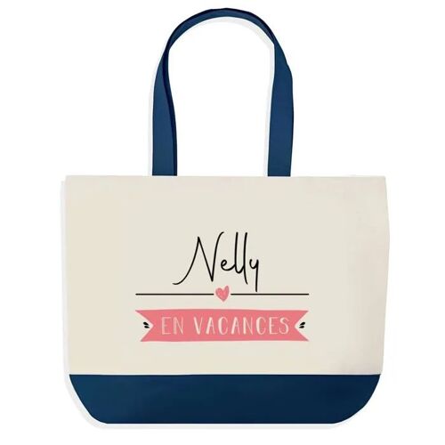 Sac shopping fond bleu Nelly en Vacances Cadeau Anniversaire Noël | Design Graphique Grand Sac Courses Cabas
