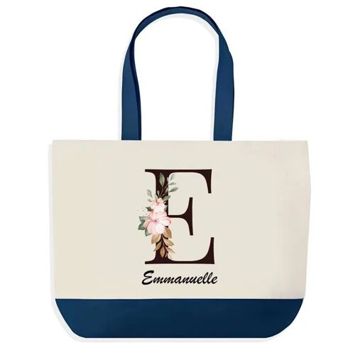 Sac shopping fond bleu Emmanuelle Lettre Fleur Cadeau Anniversaire Noël | Design Graphique Grand Sac Courses Cabas