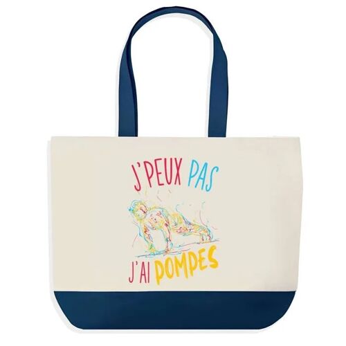 Sac shopping fond bleu J'peux pas Pompes Push-up Cadeau Anniversaire Noël | Design Graphique Grand Sac Courses Cabas