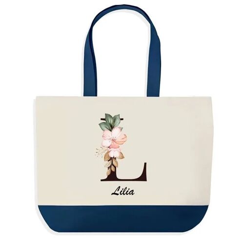 Sac shopping fond bleu Lilia Lettre Fleur Cadeau Anniversaire Noël | Design Graphique Grand Sac Courses Cabas