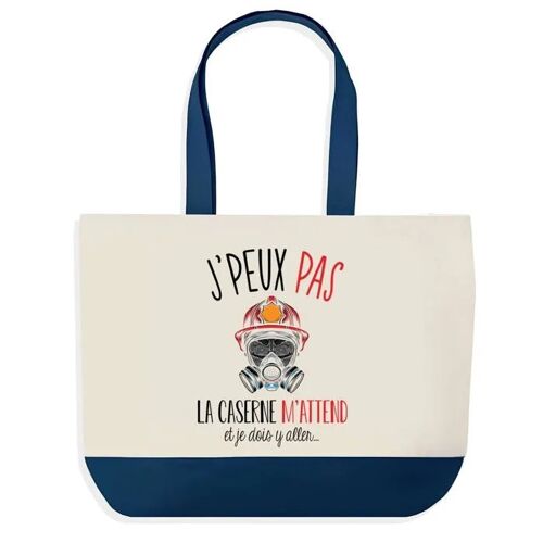 Sac shopping fond bleu J'peux pas Caserne Pompier Collègue Départ Cadeau Anniversaire Noël | Grand Sac Courses Cabas