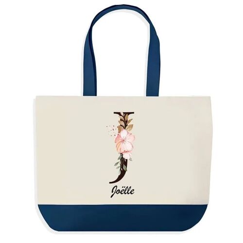 Sac shopping fond bleu Joëlle Lettre Fleur Cadeau Anniversaire Noël | Design Graphique Grand Sac Courses Cabas
