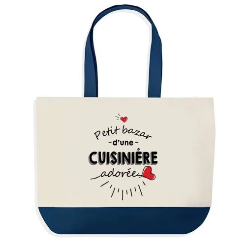 Sac shopping fond bleu Bazar d'une Cuisinière adorée Collègue Départ Cadeau Anniversaire Noël | Grand Sac Courses Cabas