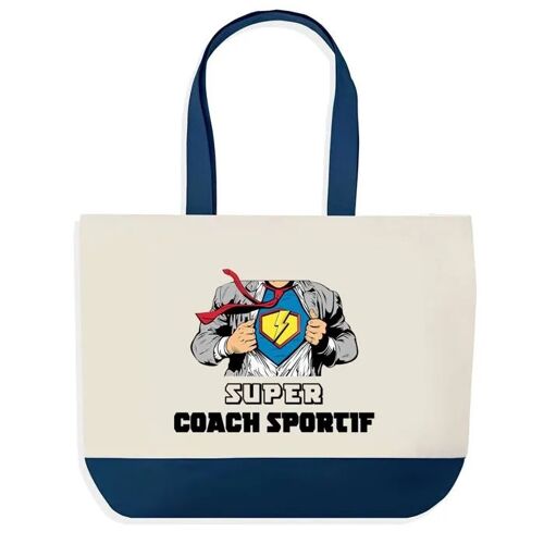 Sac shopping fond bleu Super Coach Sportif Collègue Départ Cadeau Anniversaire Noël | Design Graphique Grand Sac Courses Cabas