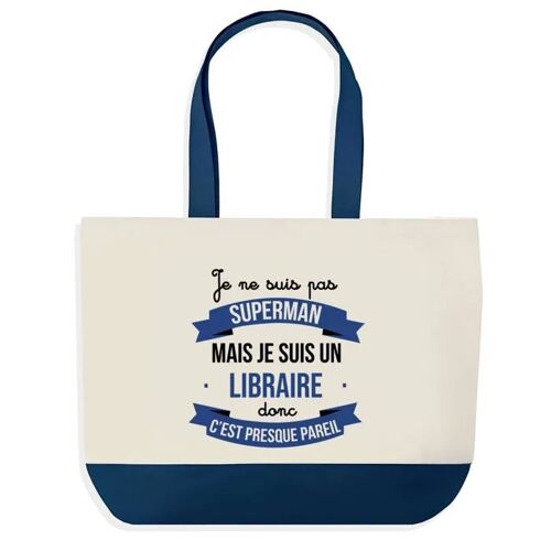 Sac shopping fond bleu Libraire Superman Collègue Départ Cadeau Anniversaire Noël | Design Graphique Grand Sac Courses Cabas